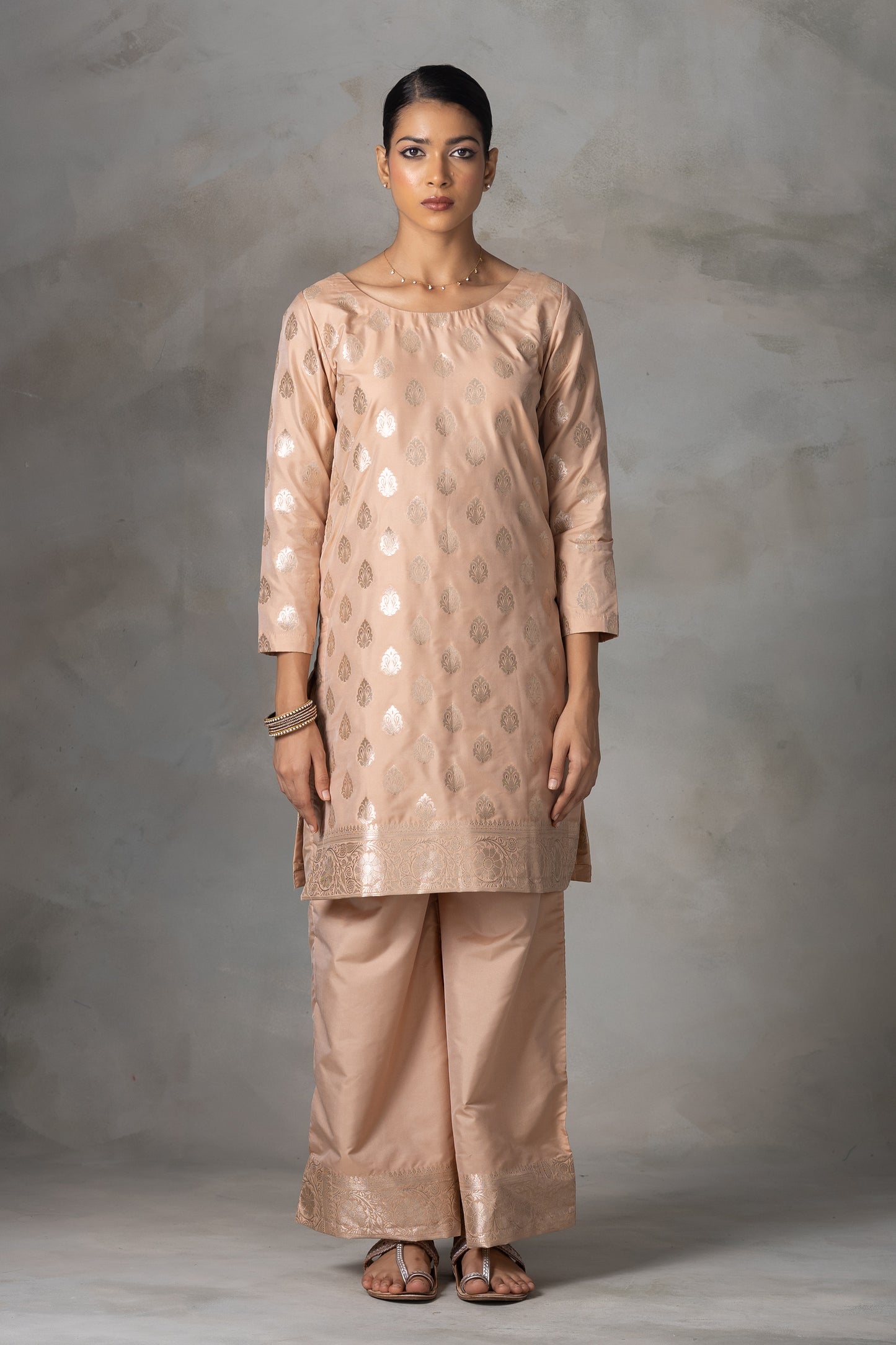 Beige Banarasi Silk Suit Set with Zari Weaving