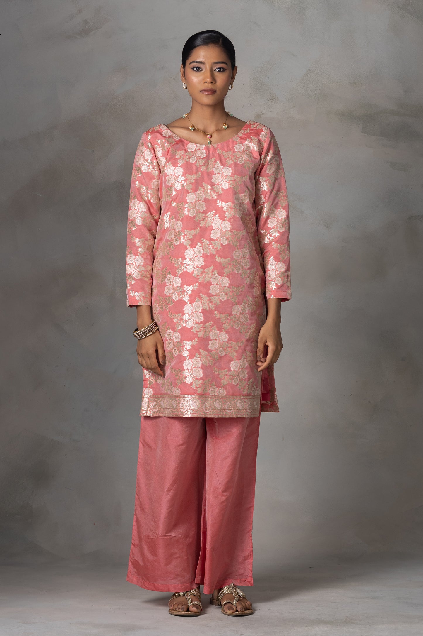 Peach Pink Banarasi Silk Suit Set with Zari Weaving