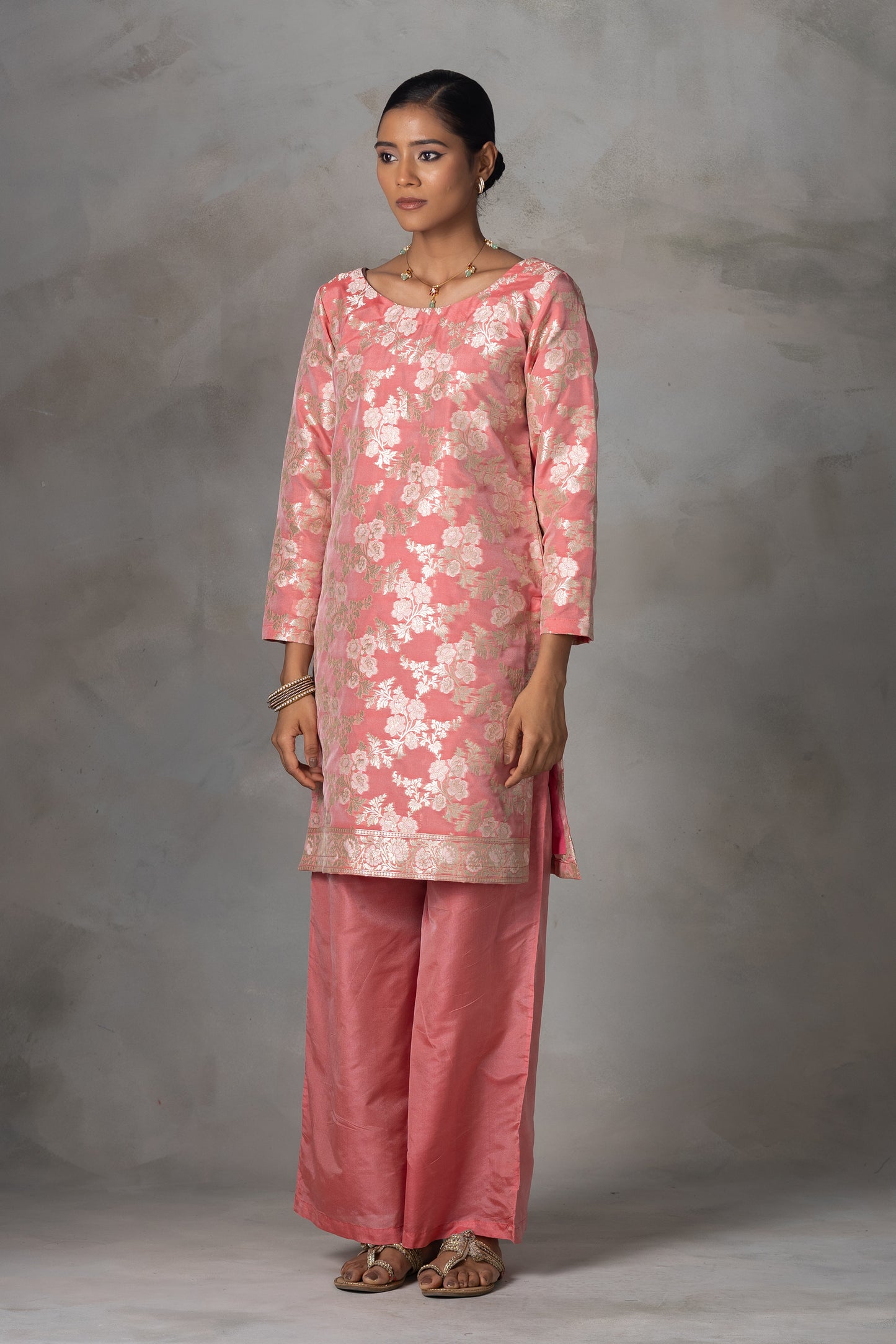 Peach Pink Banarasi Silk Suit Set with Zari Weaving