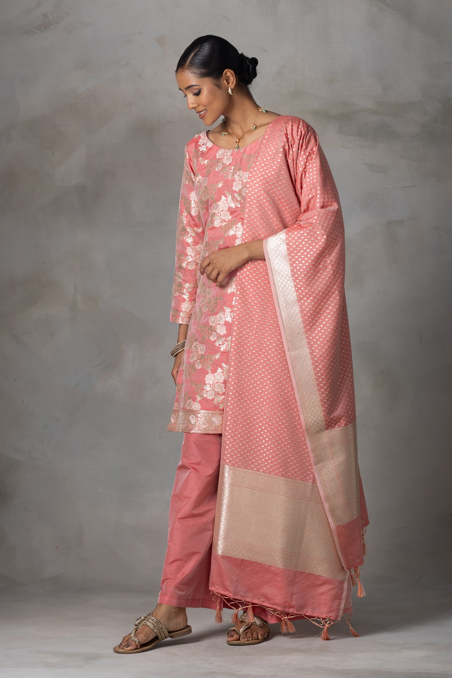 Peach Pink Banarasi Silk Suit Set with Zari Weaving