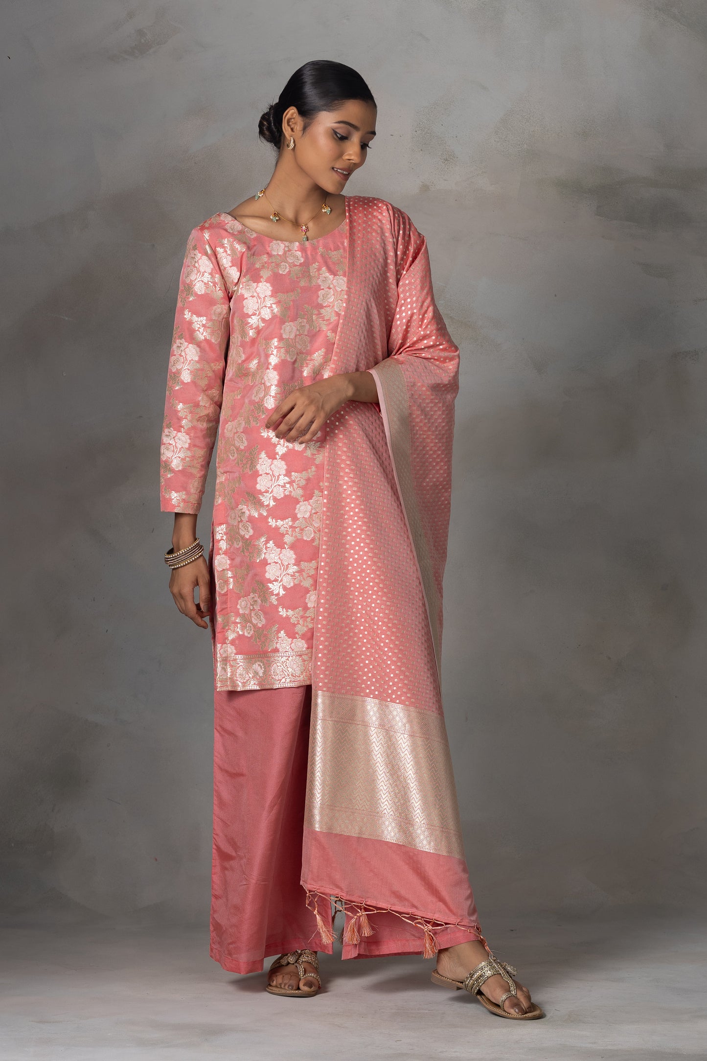 Peach Pink Banarasi Silk Suit Set with Zari Weaving