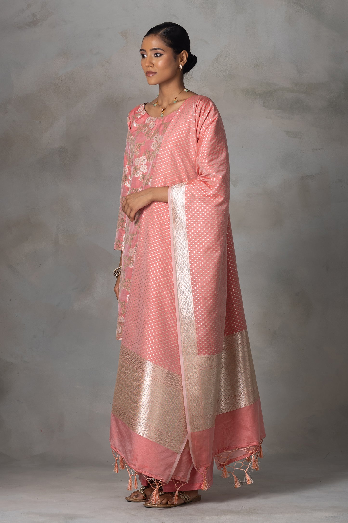 Peach Pink Banarasi Silk Suit Set with Zari Weaving