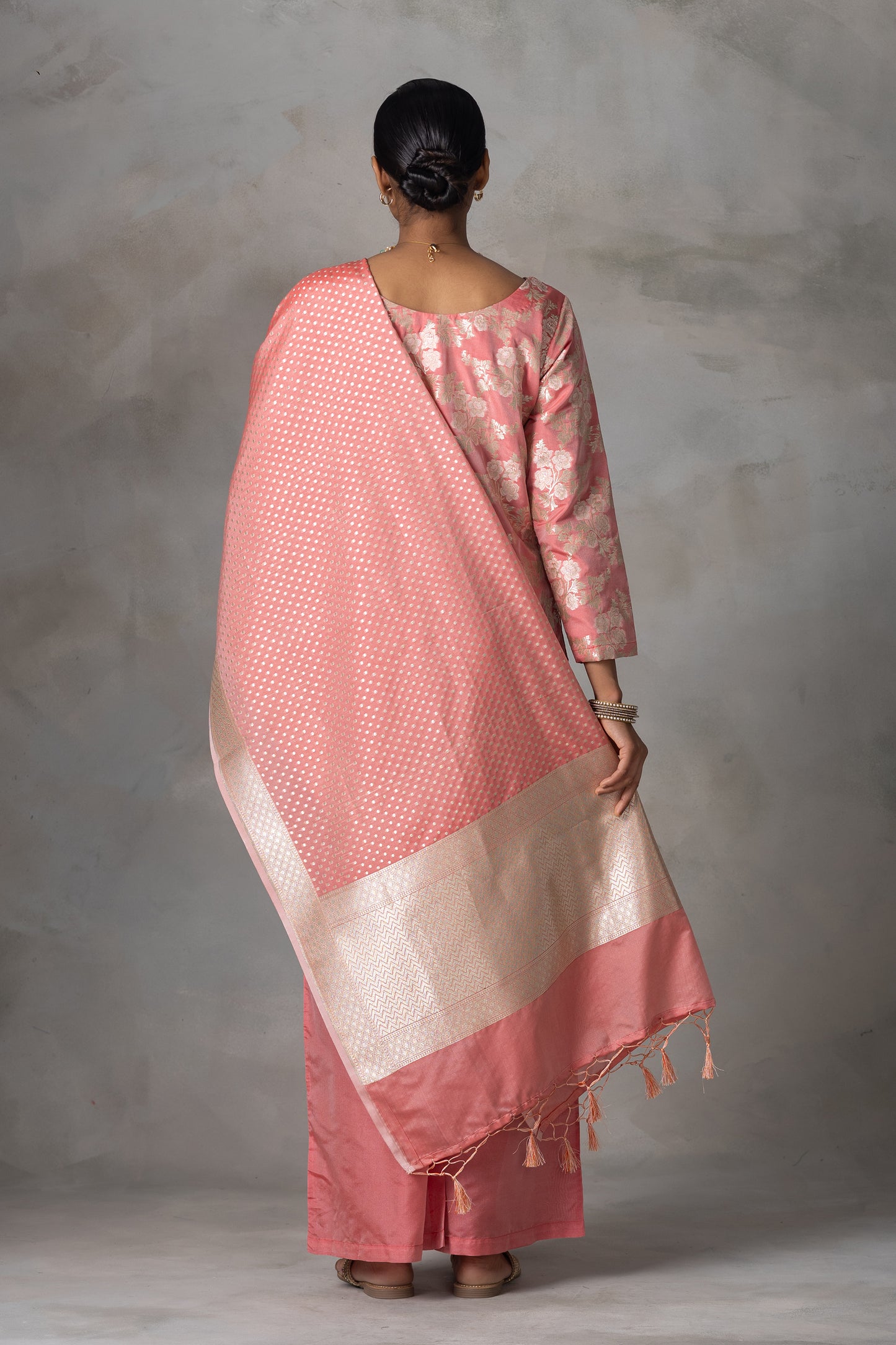 Peach Pink Banarasi Silk Suit Set with Zari Weaving