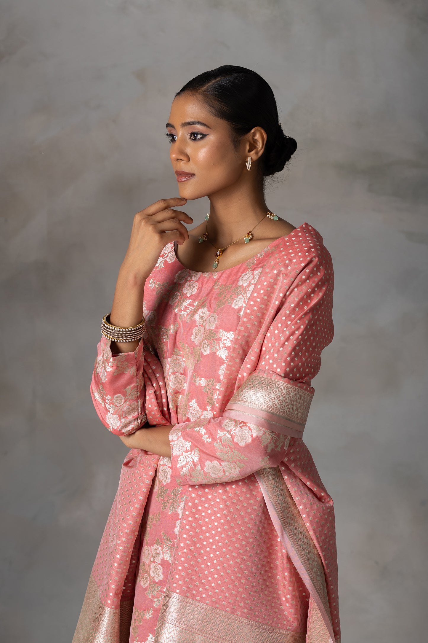 Peach Pink Banarasi Silk Suit Set with Zari Weaving