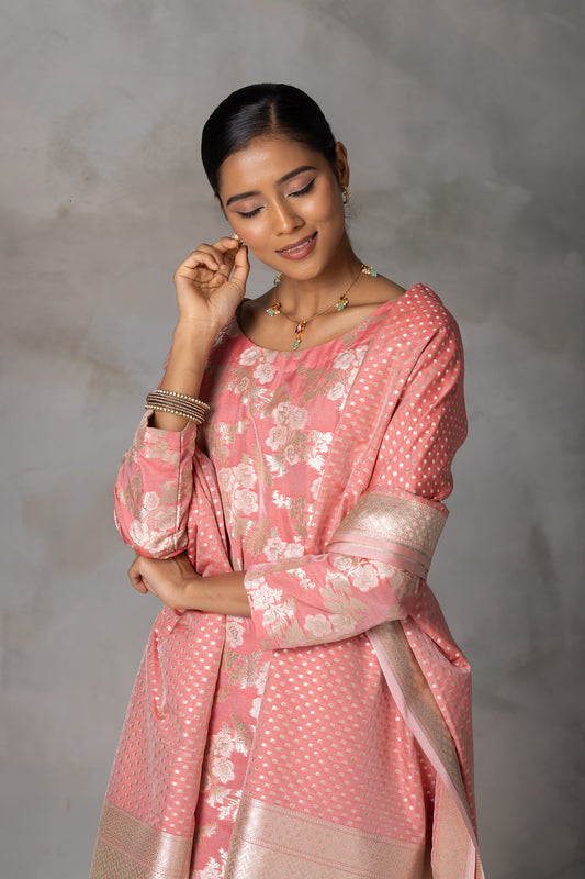 Peach Pink Banarasi Silk Suit Set with Zari Weaving