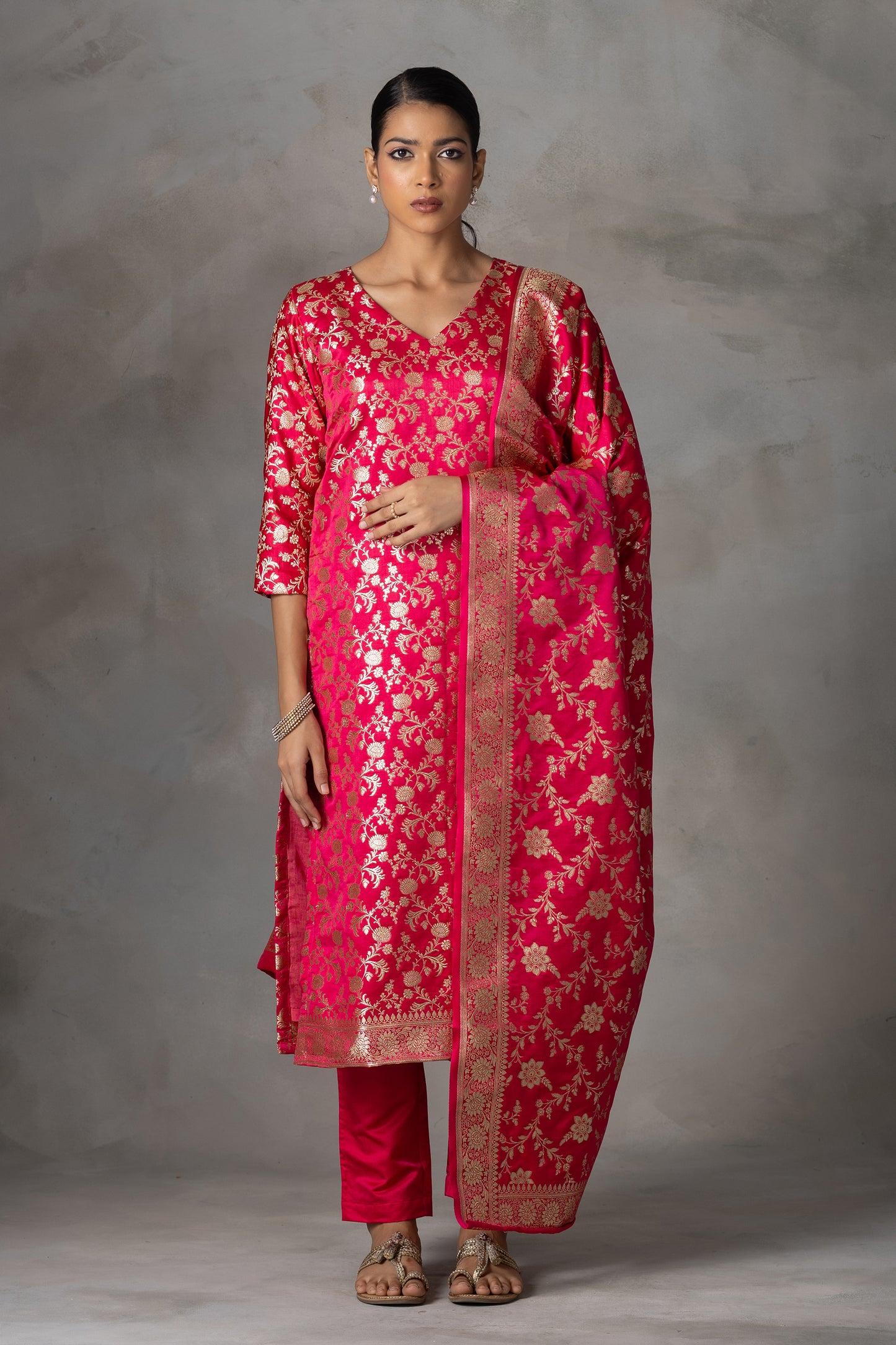Bright Pink Banarasi Silk Suit Set with Zari Weaving