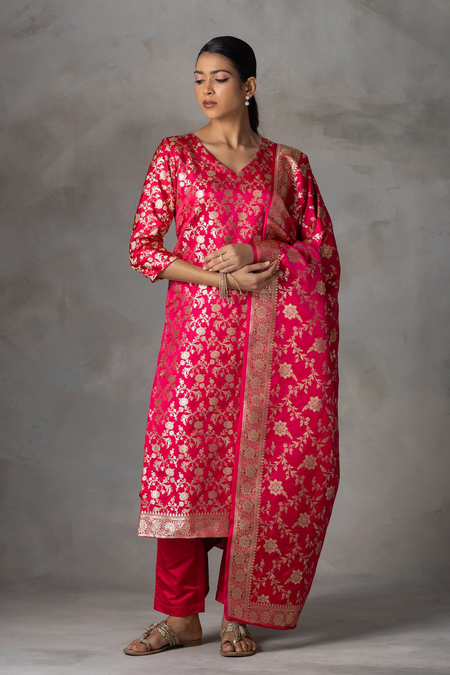 Bright Pink Banarasi Silk Suit Set with Zari Weaving