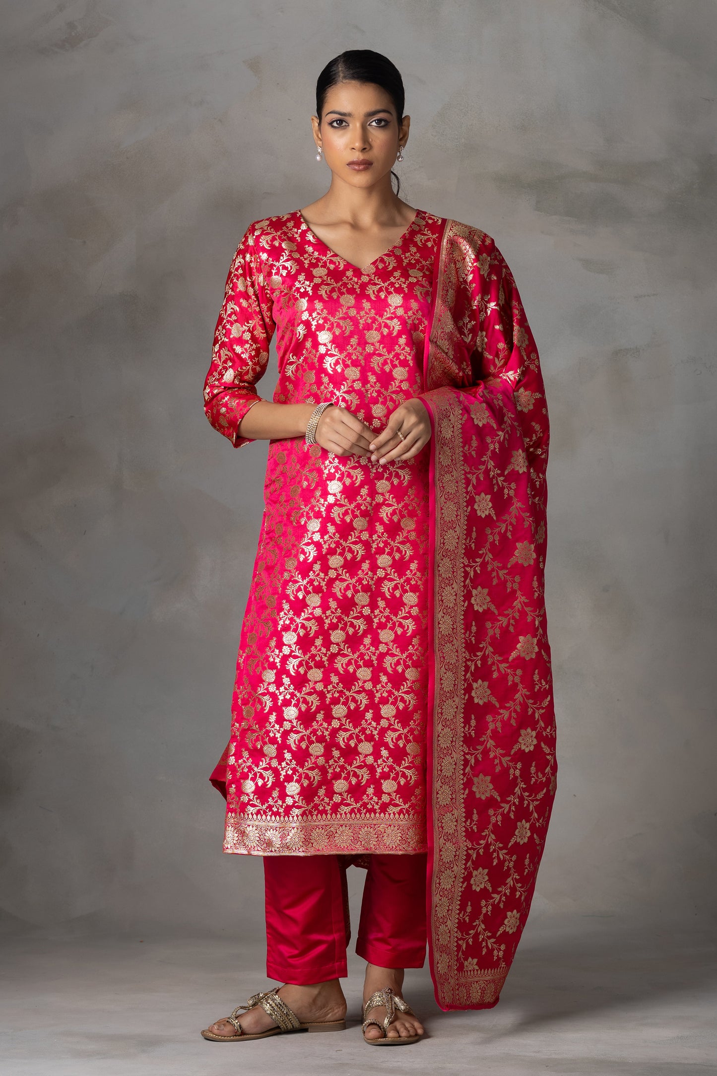 Bright Pink Banarasi Silk Suit Set with Zari Weaving