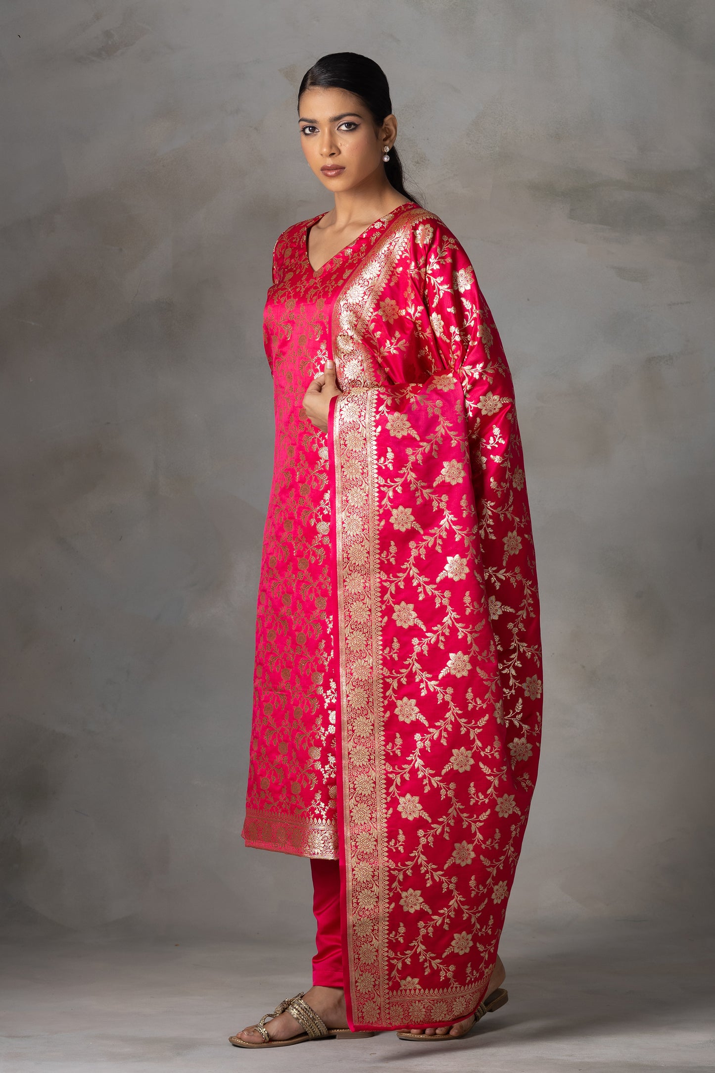 Bright Pink Banarasi Silk Suit Set with Zari Weaving