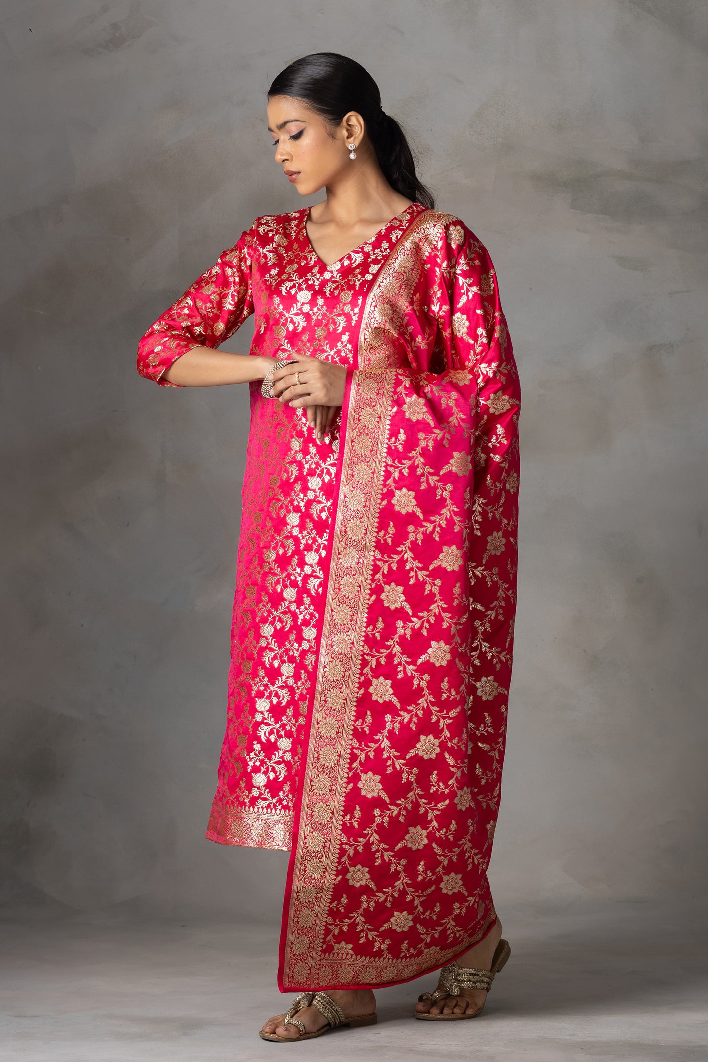 Bright Pink Banarasi Silk Suit Set with Zari Weaving