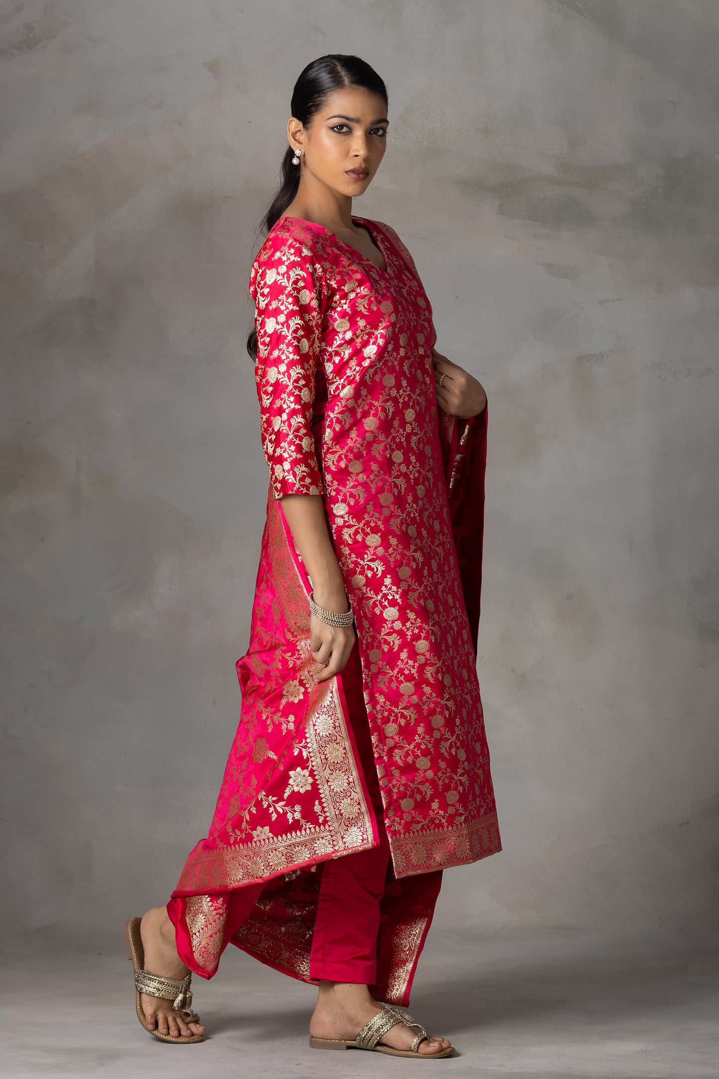 Bright Pink Banarasi Silk Suit Set with Zari Weaving