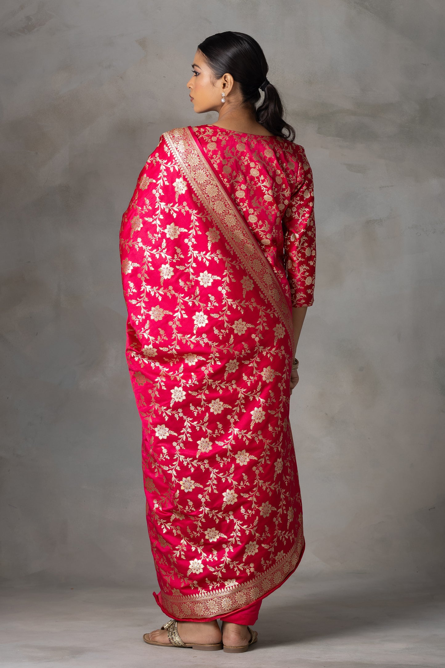 Bright Pink Banarasi Silk Suit Set with Zari Weaving