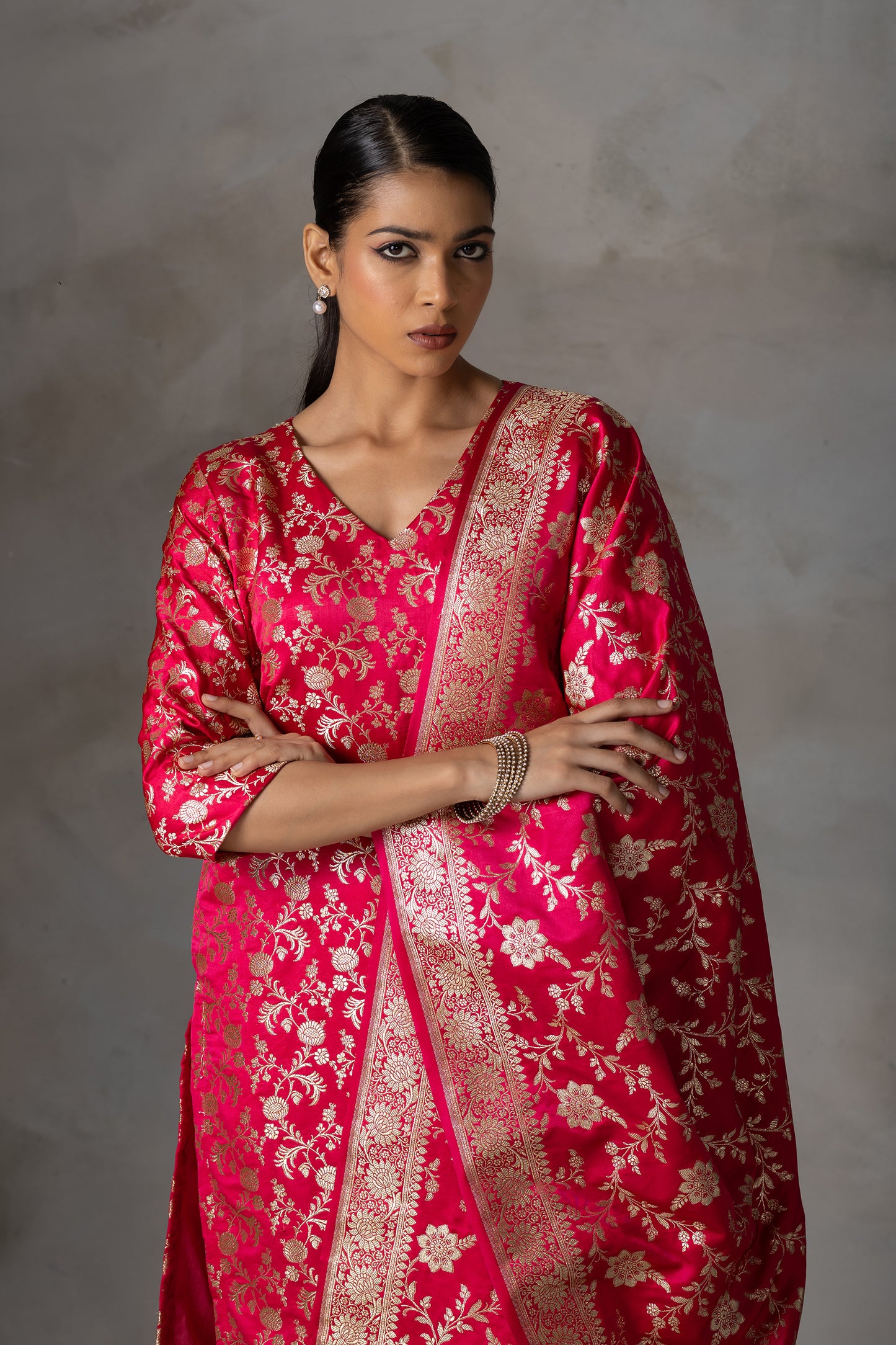 Bright Pink Banarasi Silk Suit Set with Zari Weaving
