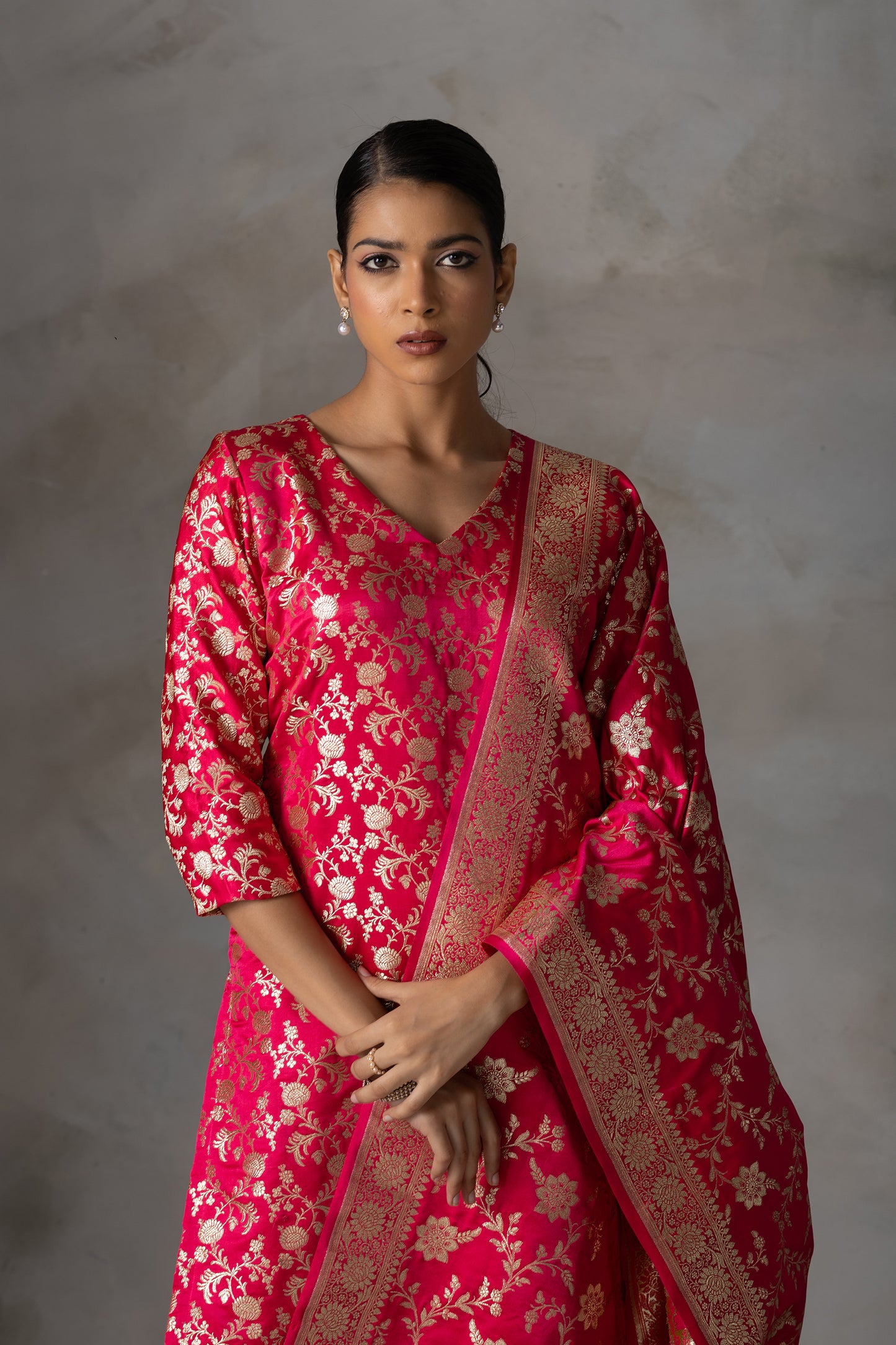 Bright Pink Banarasi Silk Suit Set with Zari Weaving