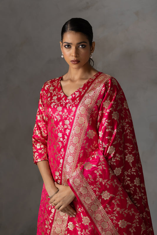 Bright Pink Banarasi Silk Suit Set with Zari Weaving