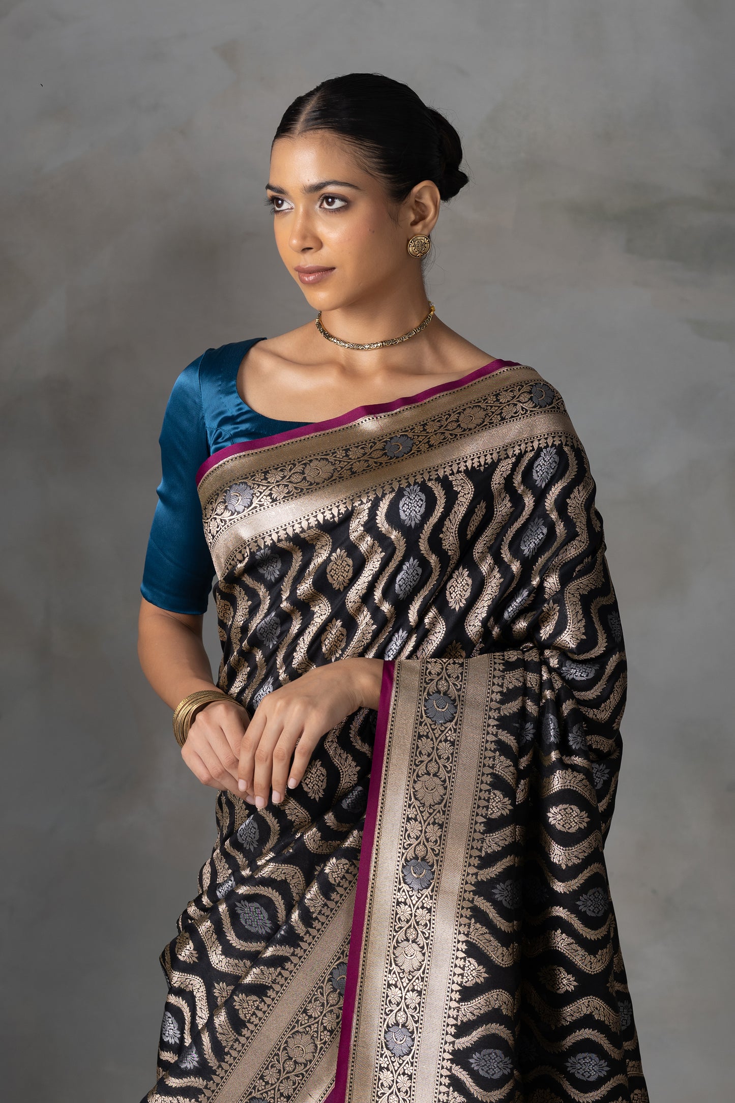 Majestic Black Banarasi Silk Saree with Gold & Silver Zari Weave