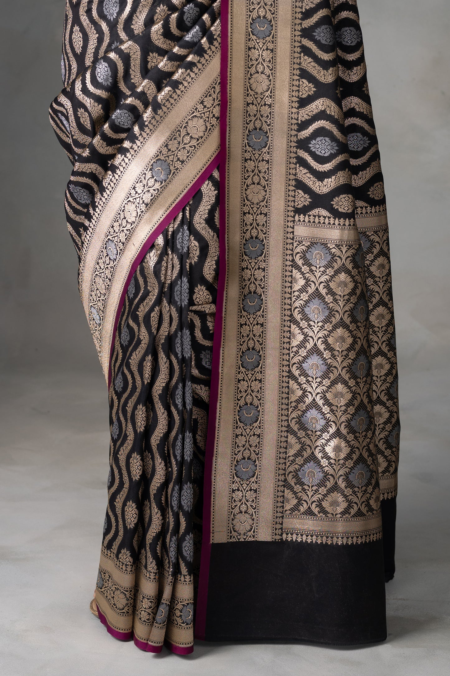 Majestic Black Banarasi Silk Saree with Gold & Silver Zari Weave
