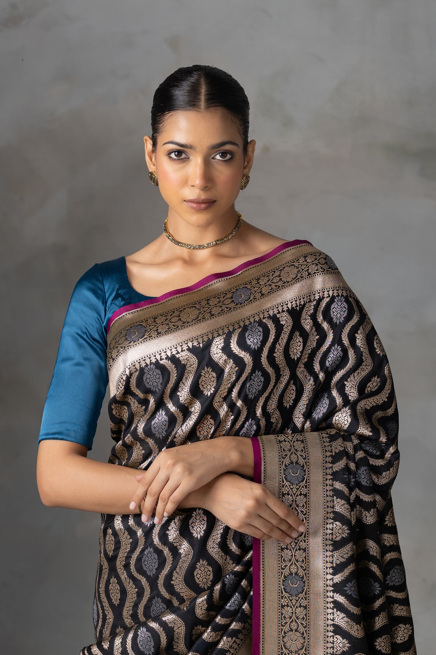 Majestic Black Banarasi Silk Saree with Gold & Silver Zari Weave