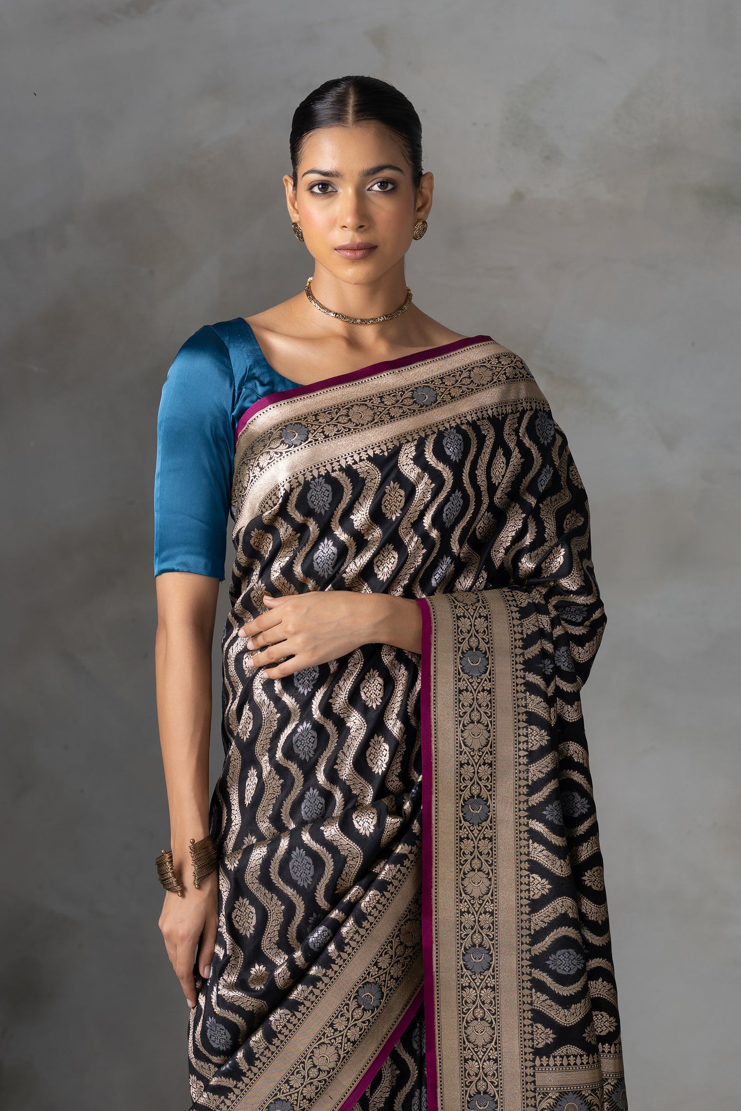 Majestic Black Banarasi Silk Saree with Gold & Silver Zari Weave