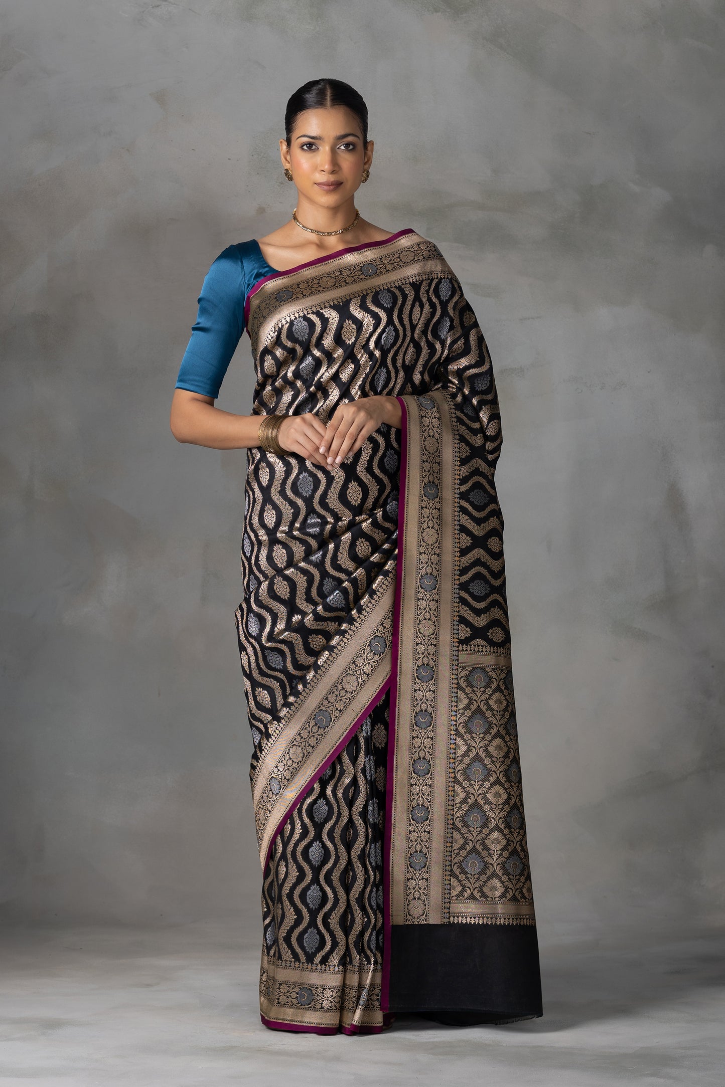 Majestic Black Banarasi Silk Saree with Gold & Silver Zari Weave