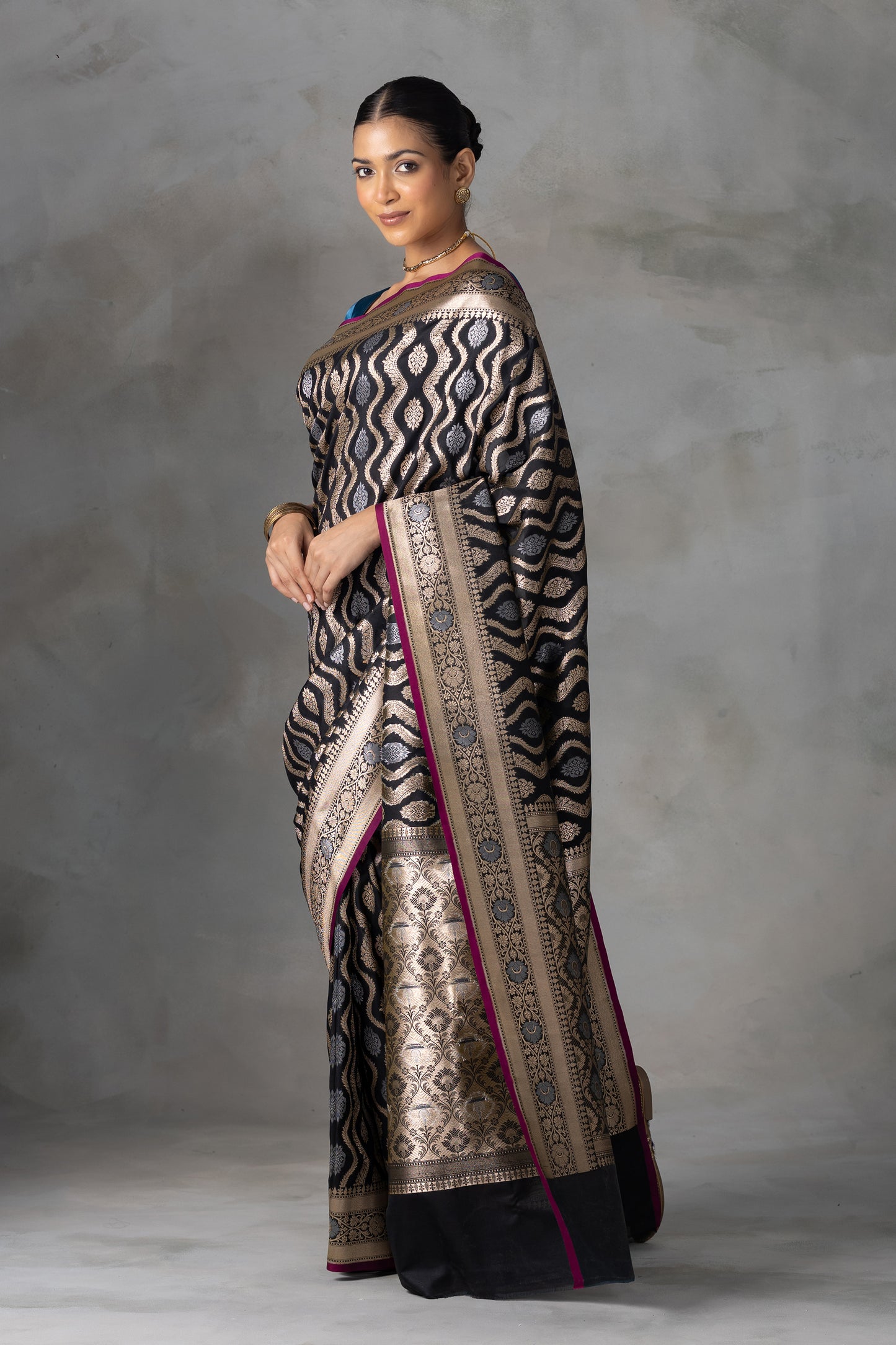 Majestic Black Banarasi Silk Saree with Gold & Silver Zari Weave