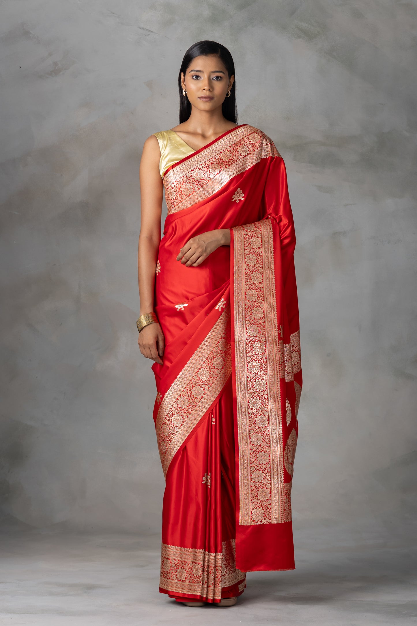 Classic Red Banarasi Silk Saree with Gold Zari Motifs