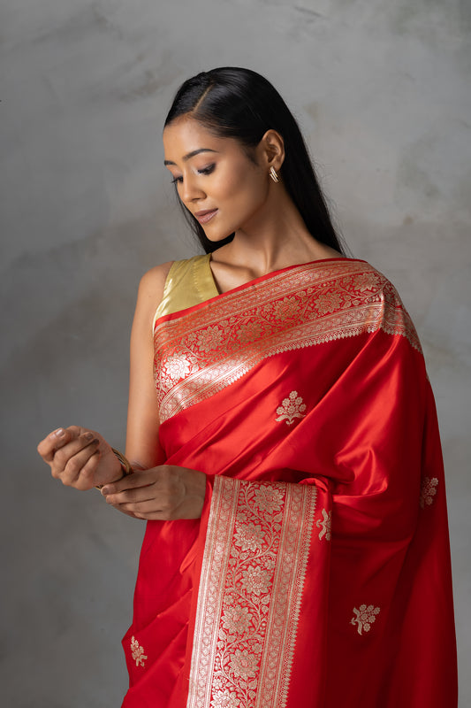 Classic Red Banarasi Silk Saree with Gold Zari Motifs