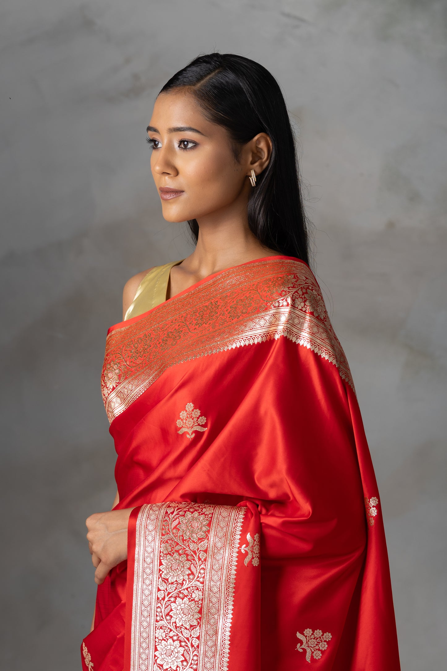 Classic Red Banarasi Silk Saree with Gold Zari Motifs