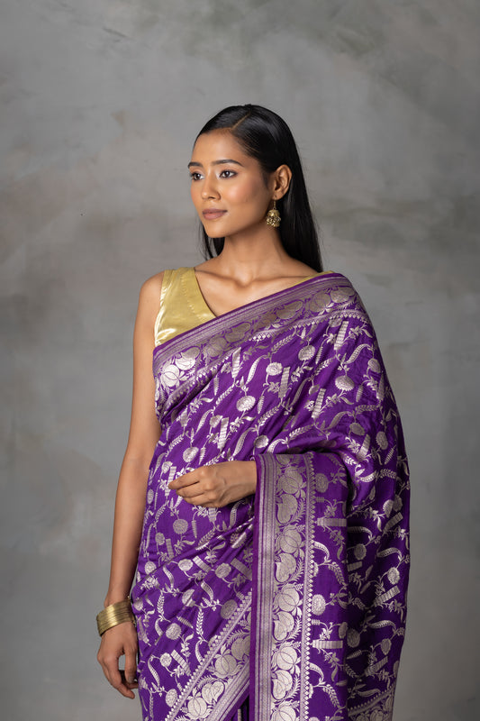 Purple Banarasi Handloom Silk Saree with Zari