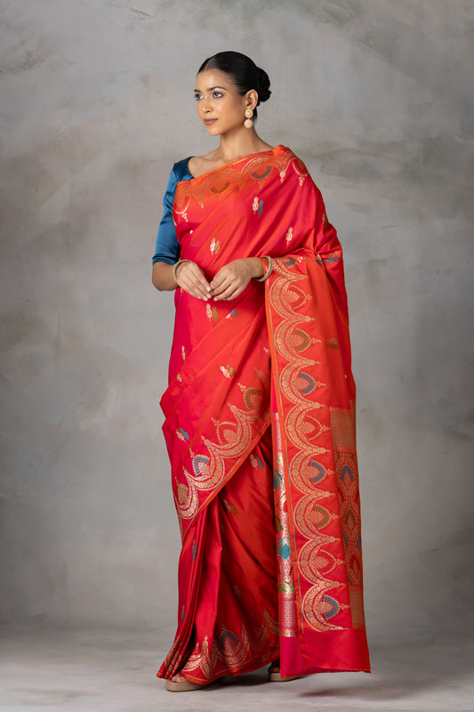 Classic Red Banarasi Silk Saree with Meenakari & Gold Zari Work