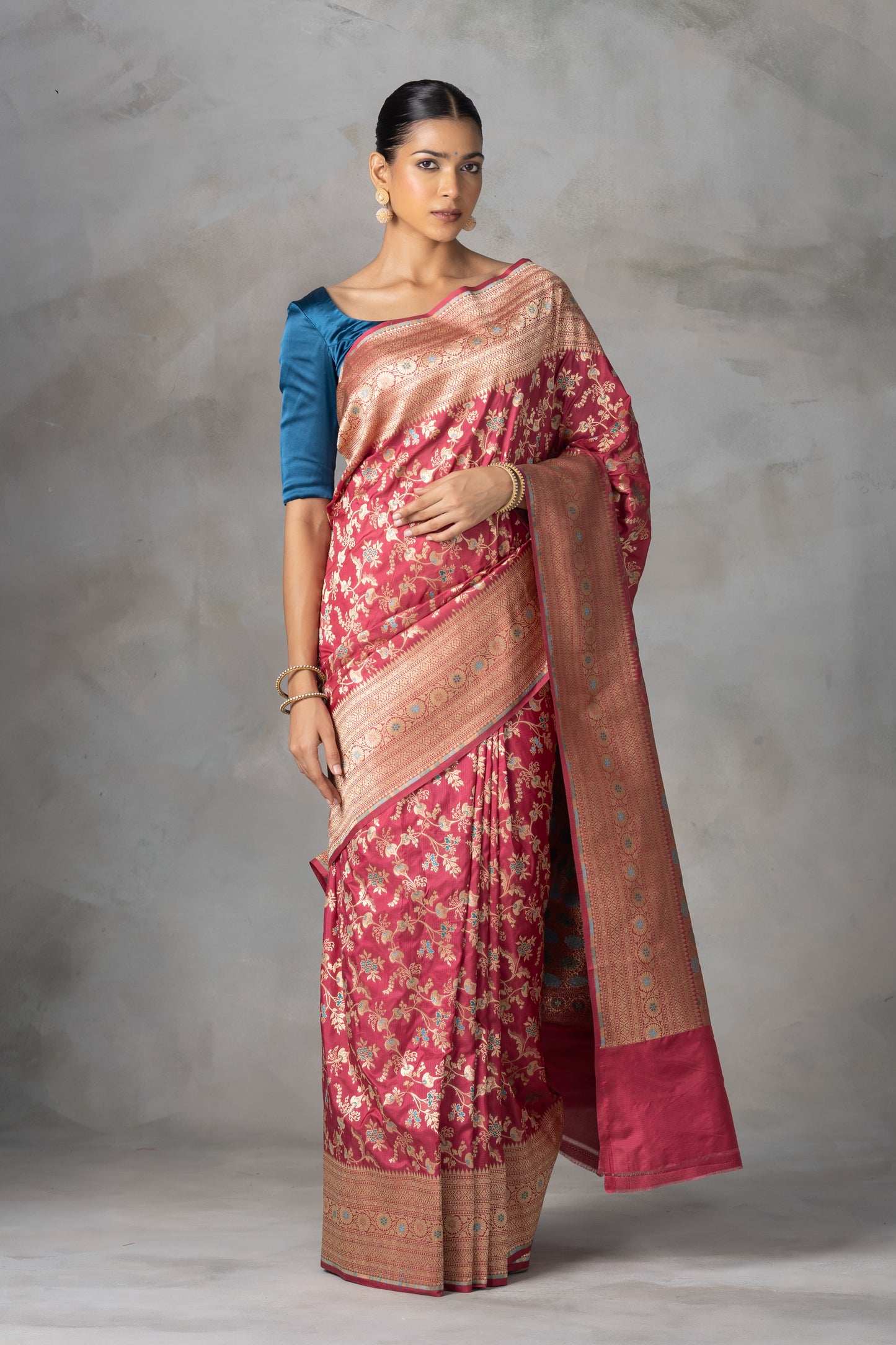 Rudrakshi Red Banarasi Silk Saree with Meenakari Zari Work
