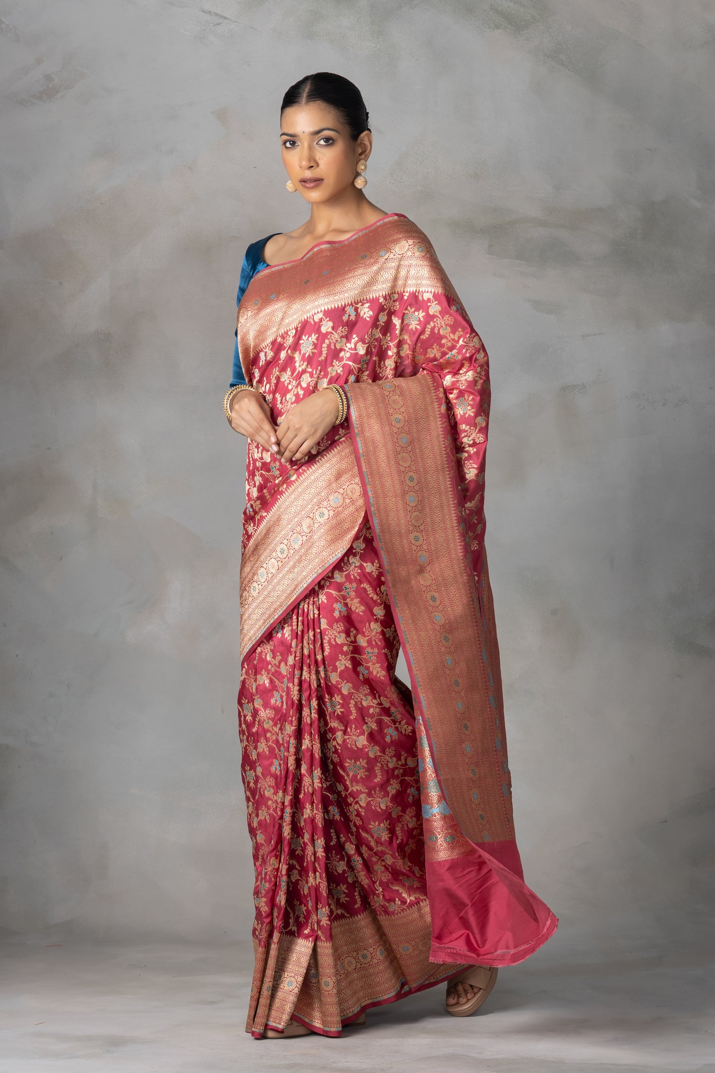 Rudrakshi Red Banarasi Silk Saree with Meenakari Zari Work