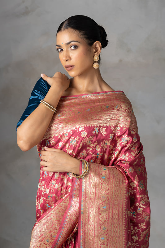 Rudrakshi Red Banarasi Silk Saree with Meenakari Zari Work