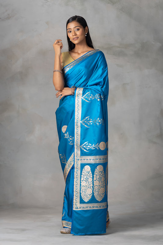 Royal Blue Banarasi Silk Saree with Gold & Silver Floral Zari Motifs