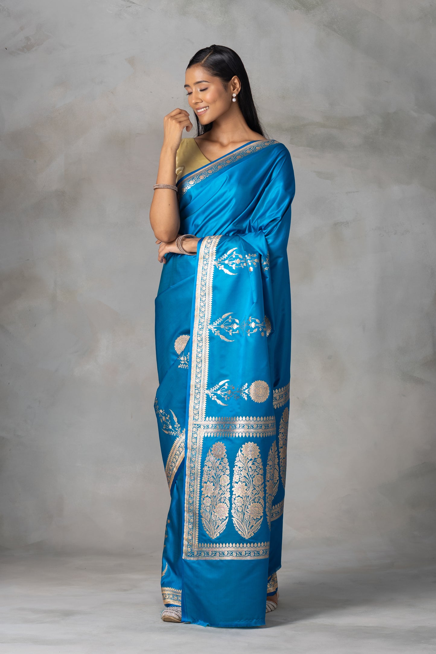 Royal Blue Banarasi Silk Saree with Gold & Silver Floral Zari Motifs
