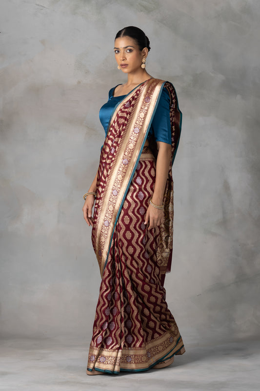 Deep Maroon Banarasi Silk Saree with Gold & Silver Zari Weave