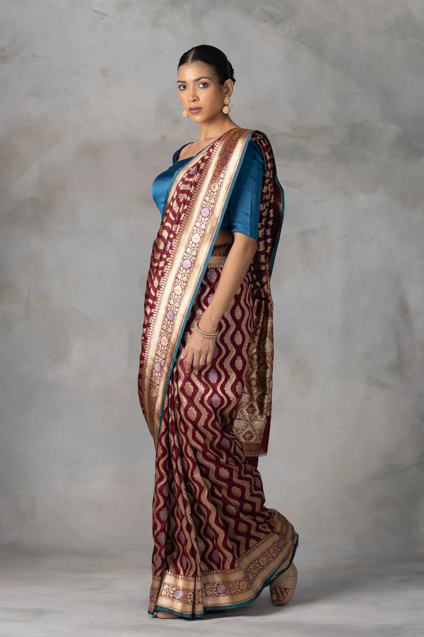 Deep Maroon Banarasi Silk Saree with Gold & Silver Zari Weave