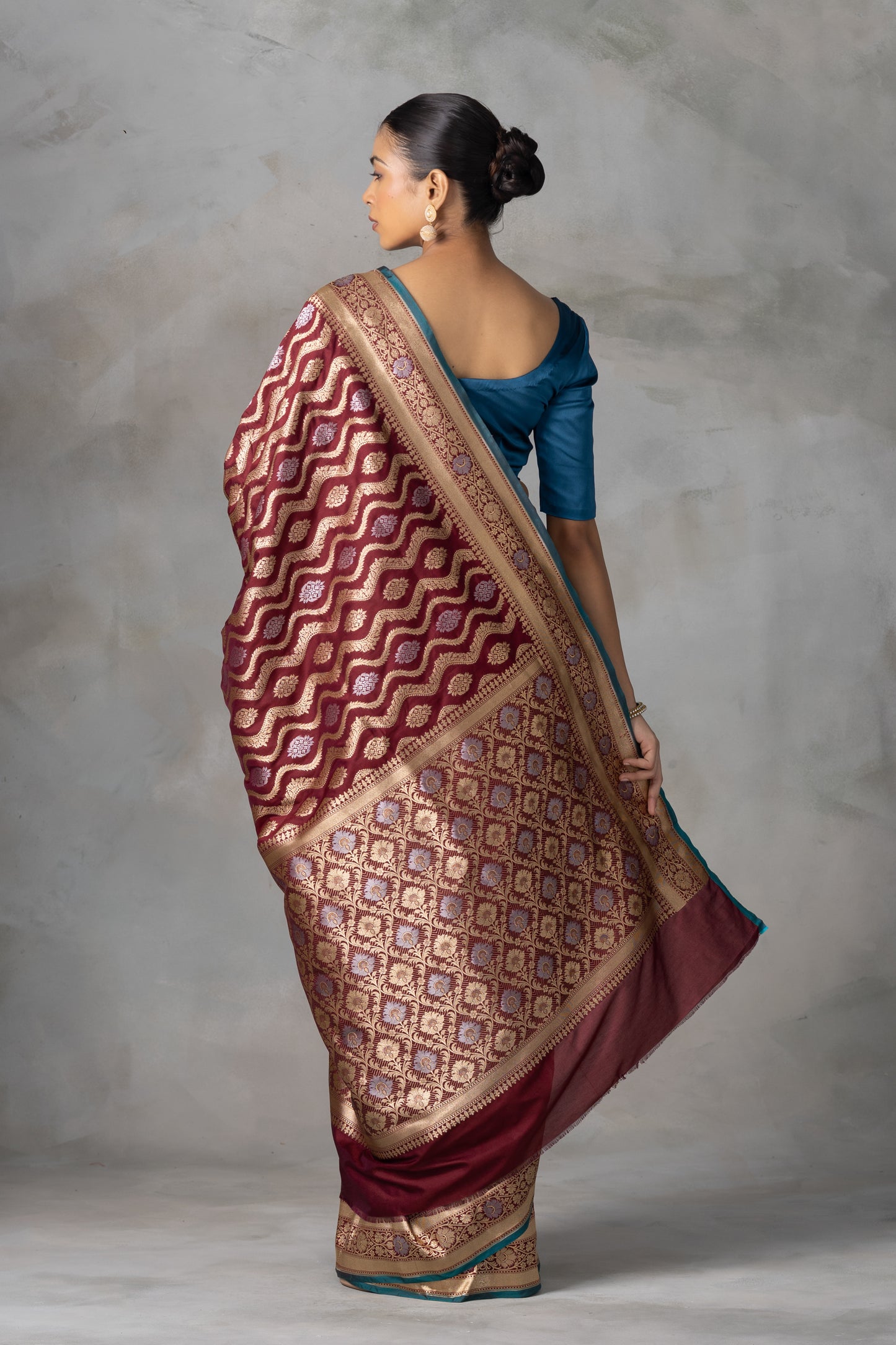 Deep Maroon Banarasi Silk Saree with Gold & Silver Zari Weave