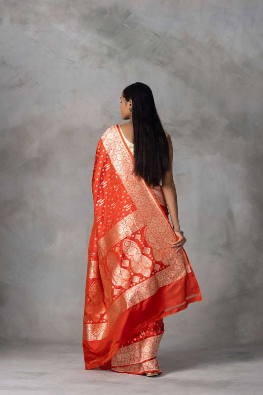 Kesari Kiran Orange Banarasi Silk Saree with Zari Weave