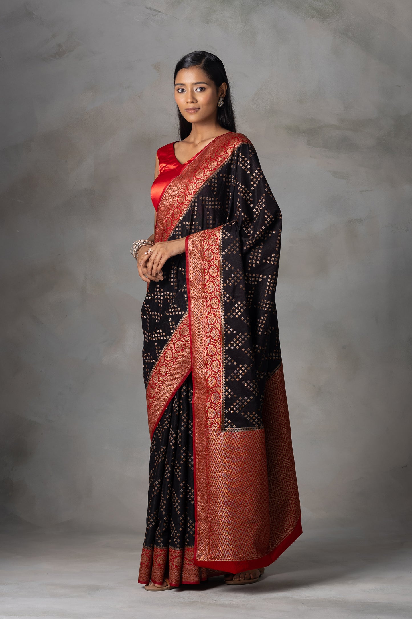 Black Banarasi Silk Saree with Red Zari Border