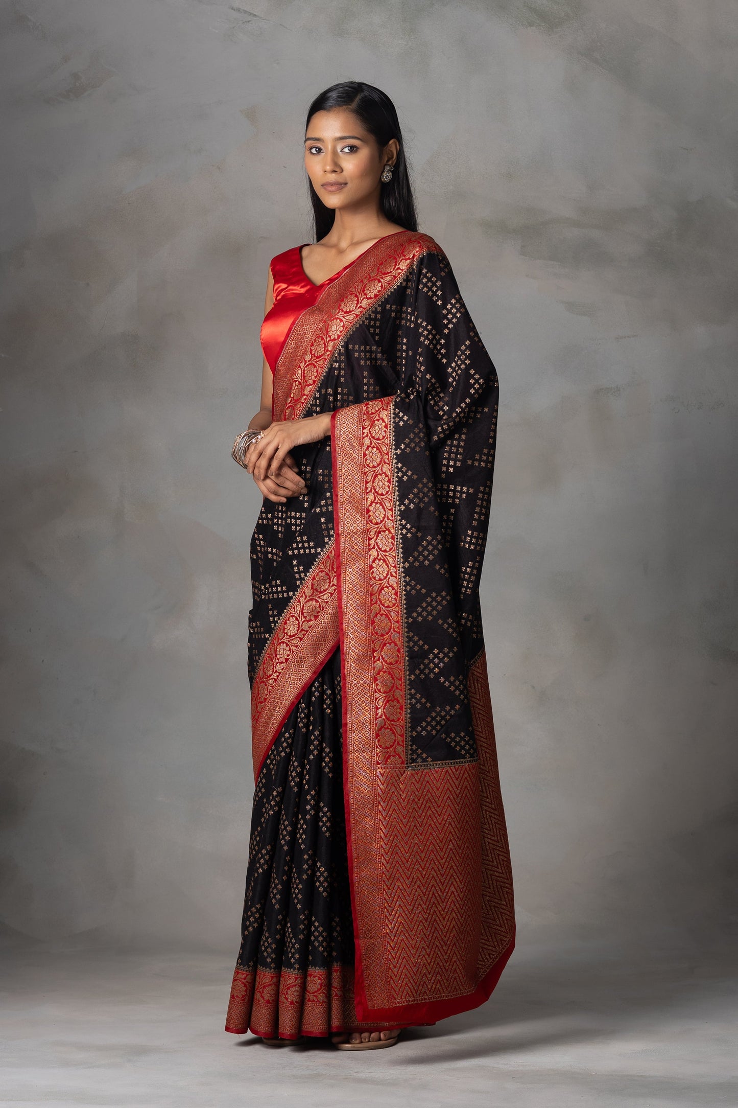 Black Banarasi Silk Saree with Red Zari Border