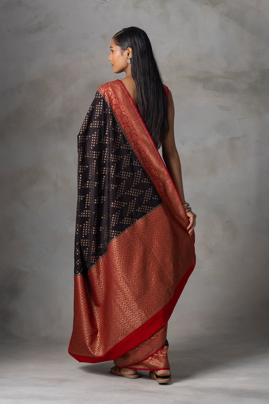 Black Banarasi Silk Saree with Red Zari Border