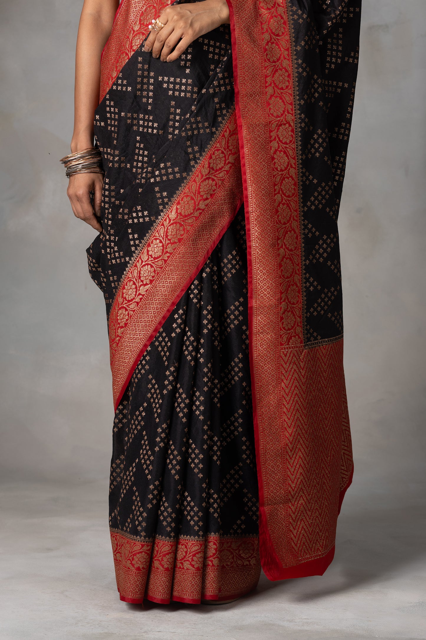Black Banarasi Silk Saree with Red Zari Border