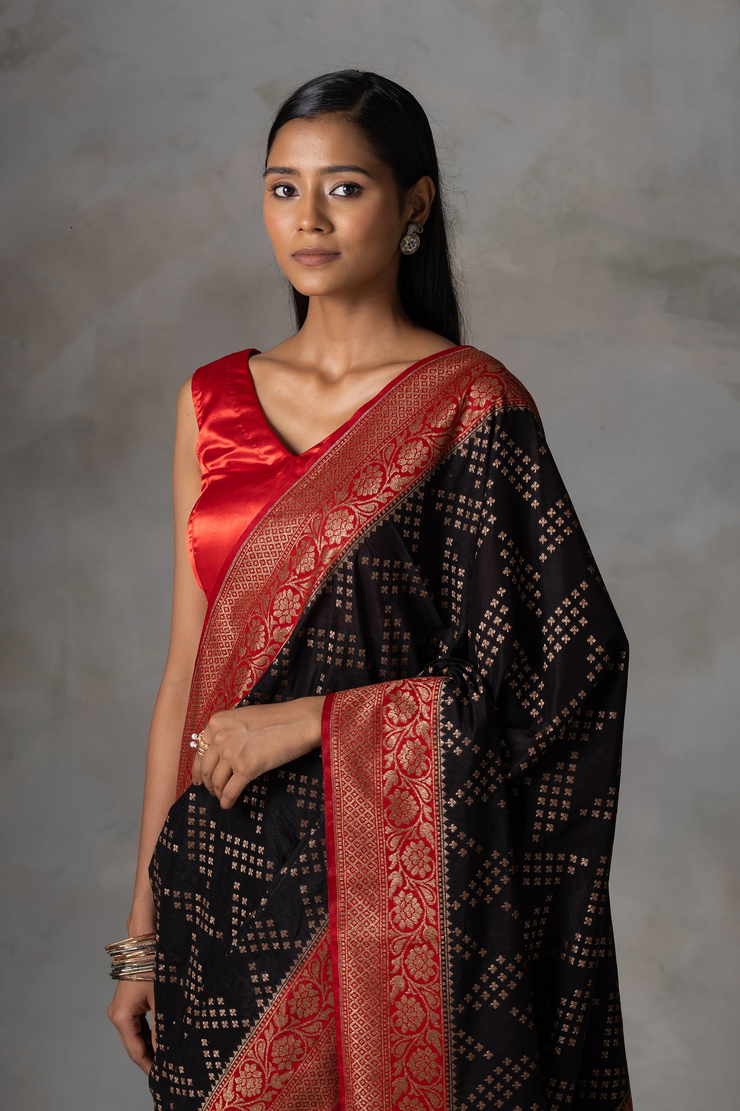 Black Banarasi Silk Saree with Red Zari Border