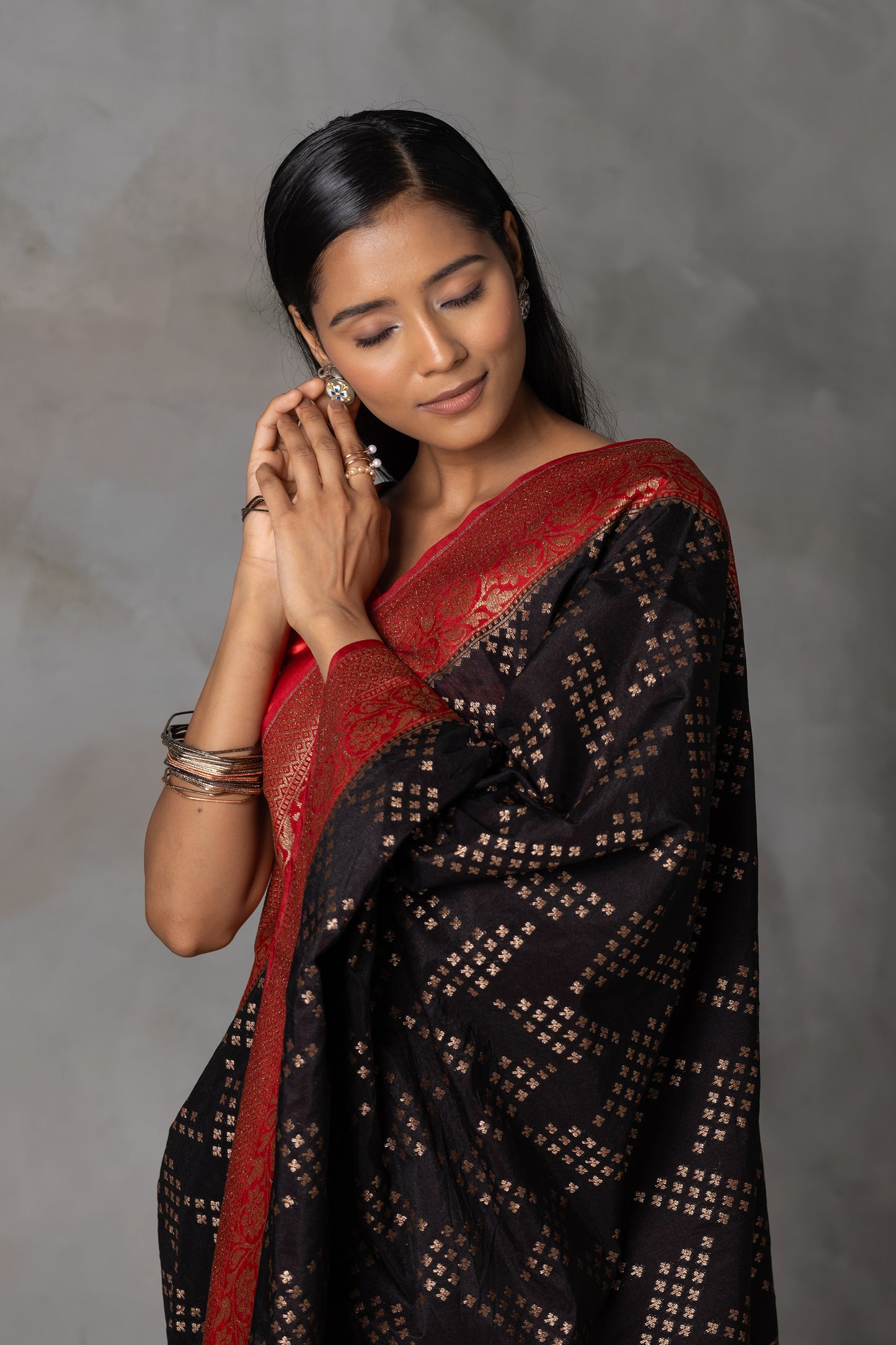 Black Banarasi Silk Saree with Red Zari Border