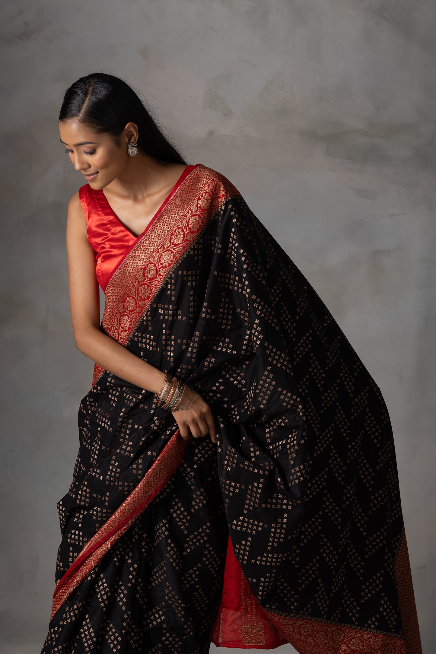 Black Banarasi Silk Saree with Red Zari Border