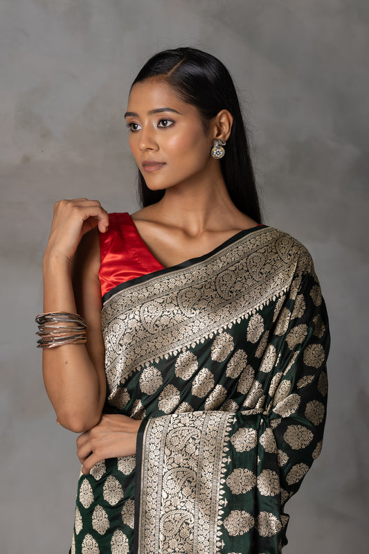 Midnight Green Kadiyal Banarasi Silk Saree with Zari Work