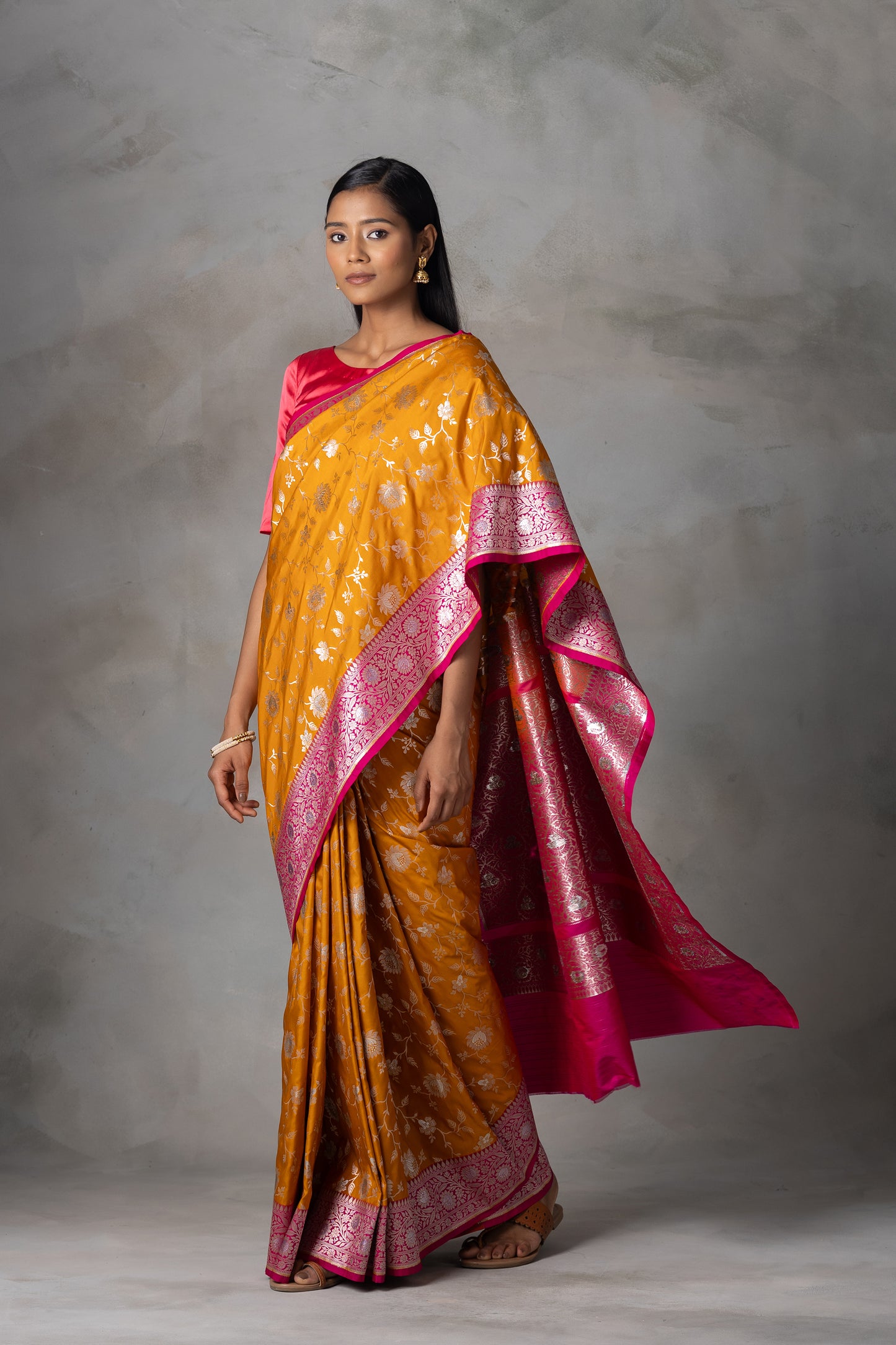 Mustard & Magenta Pink Kadhwa Banarasi Silk Saree