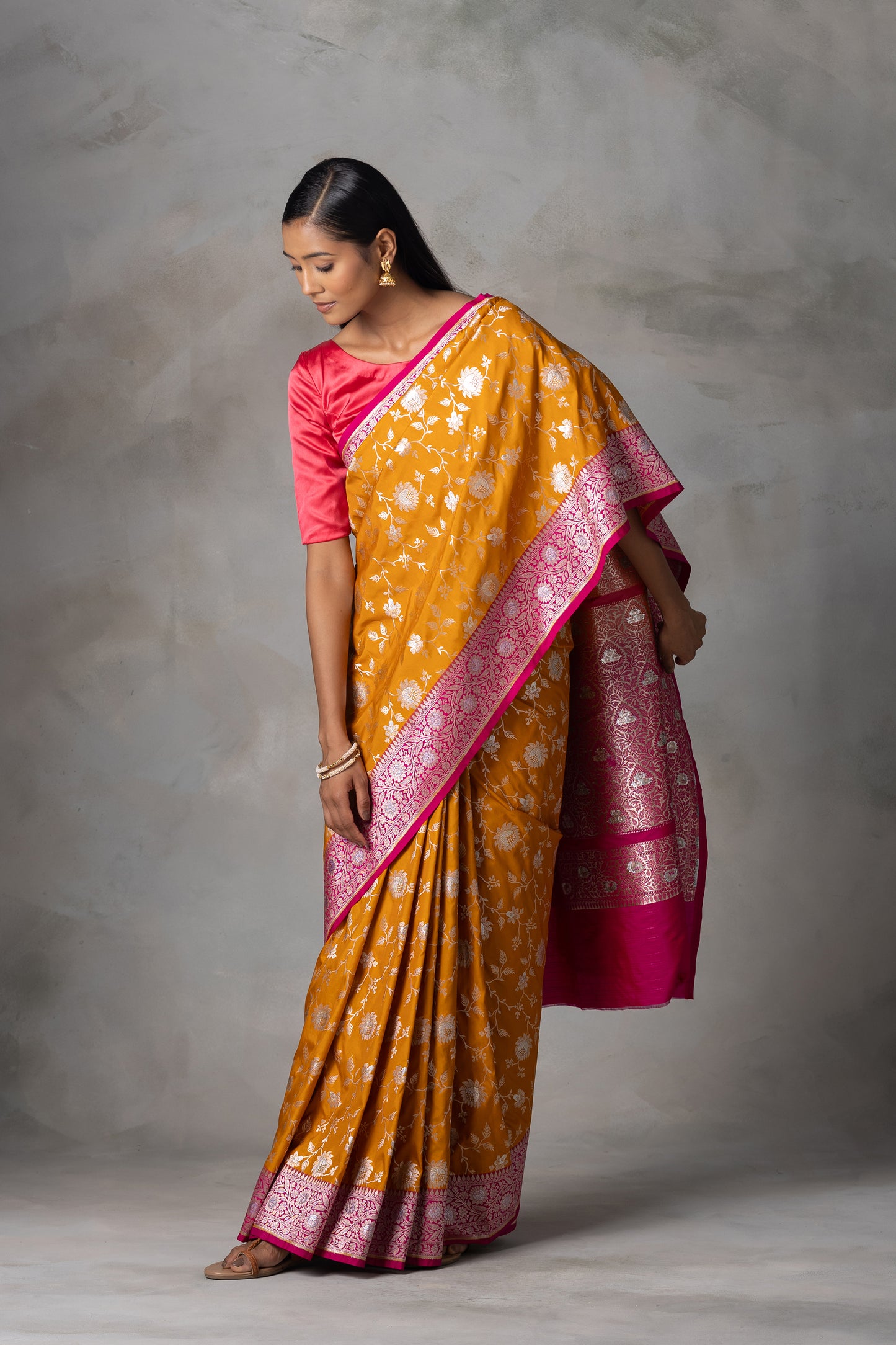 Mustard & Magenta Pink Kadhwa Banarasi Silk Saree
