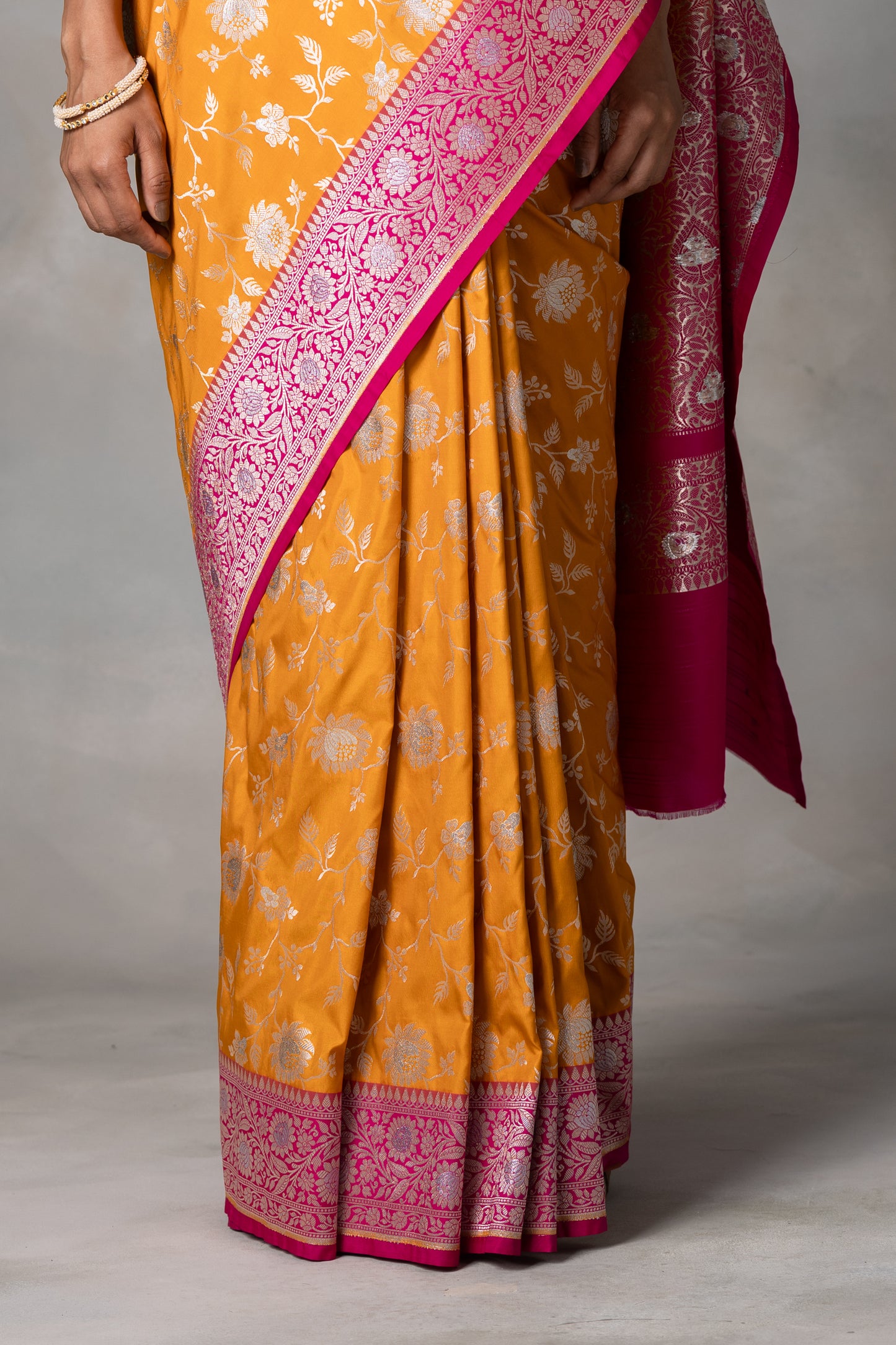Mustard & Magenta Pink Kadhwa Banarasi Silk Saree